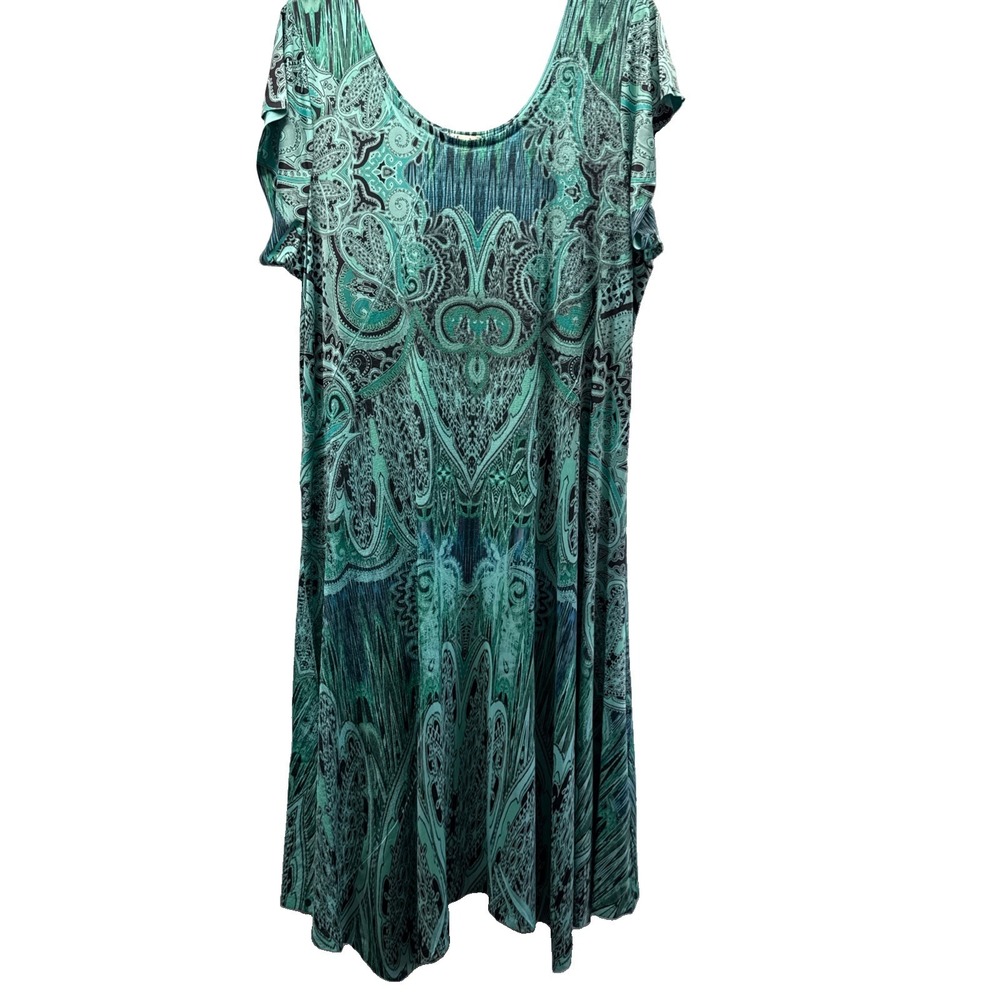 World Unity Women's Dress 1X Green Paisley Scoop Neck Flutter Sleeves Boho Y2K